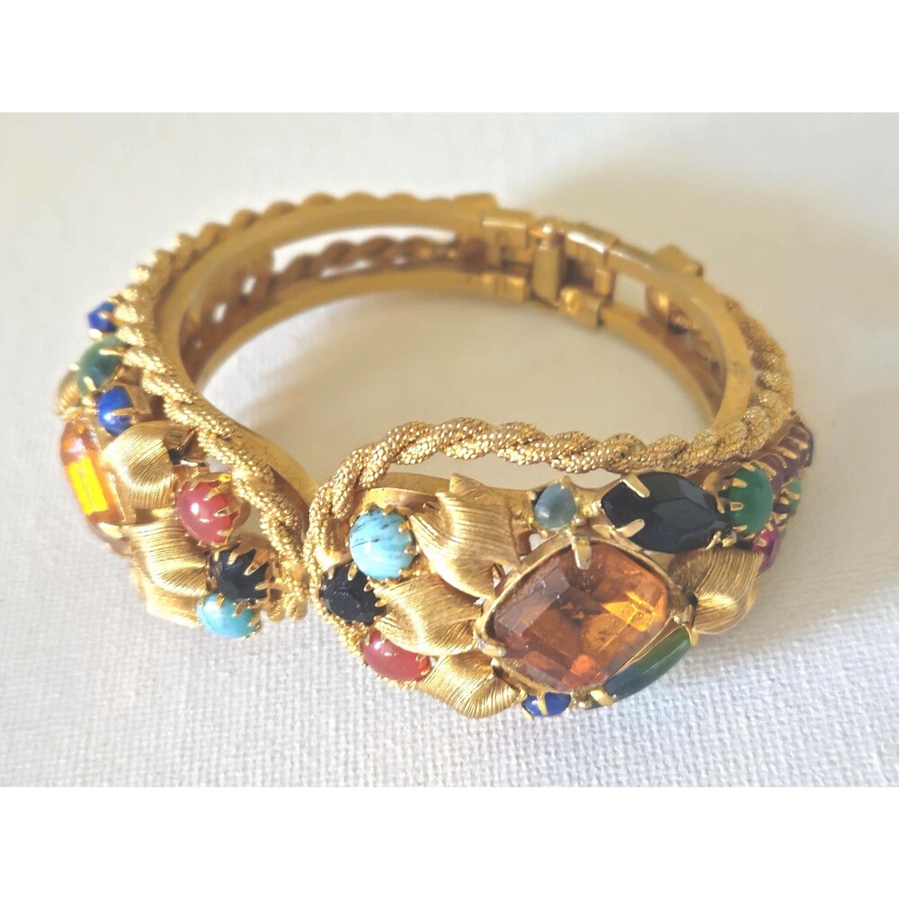 Vintage Marino Attributed Clamper Bracelet | Gold Tone Cat Eye Statement Jewelry